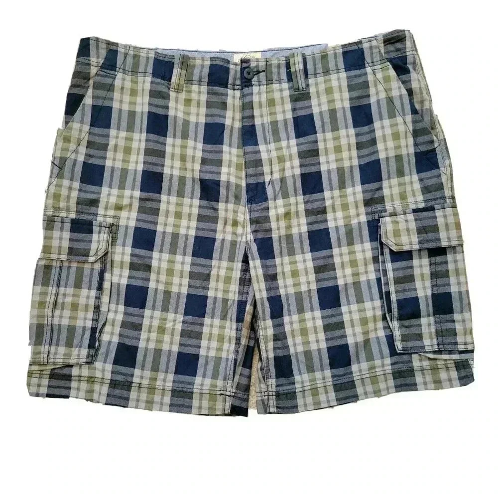 St Johns Bay Cargo Shorts 44 NWT Madras Blue Herald Plaid 6 Pockets 10" Inseam